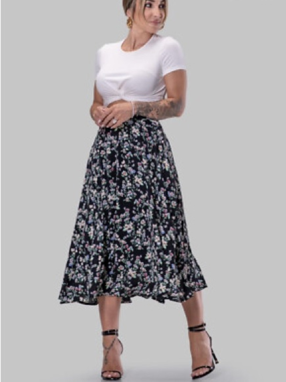 Floral Midi Skirt — Black with Pink & White Blooms